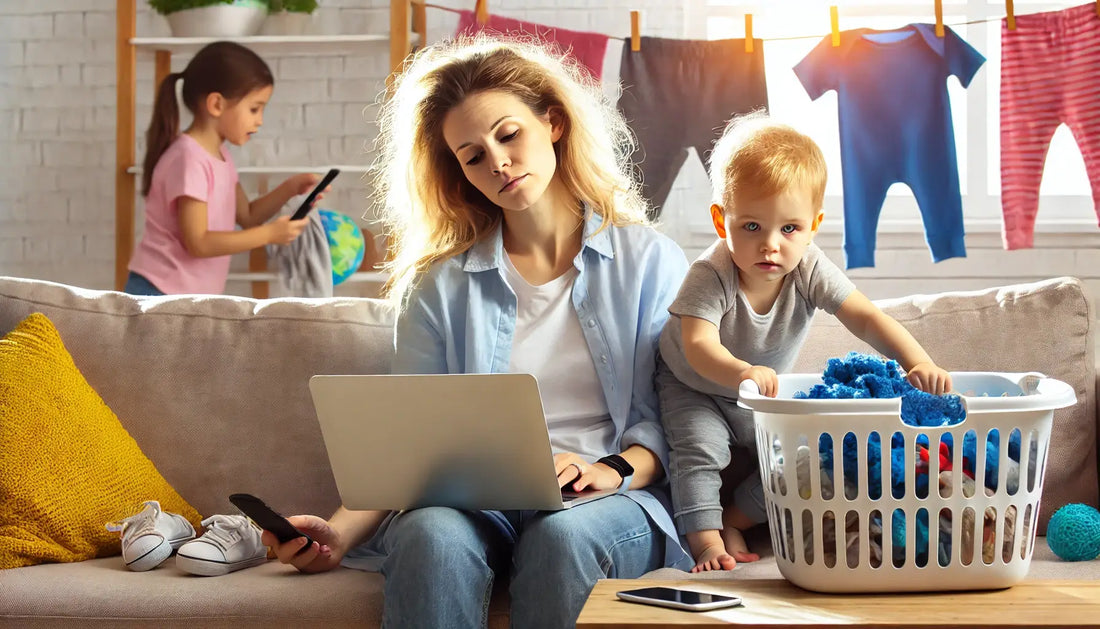 Exhausted but hopeful mother sitting on a couch with a toddler climbing on her while she juggles a laptop, laundry, and a phone. The bright and natural lighting creates a warm, inviting, and optimistic atmosphere.