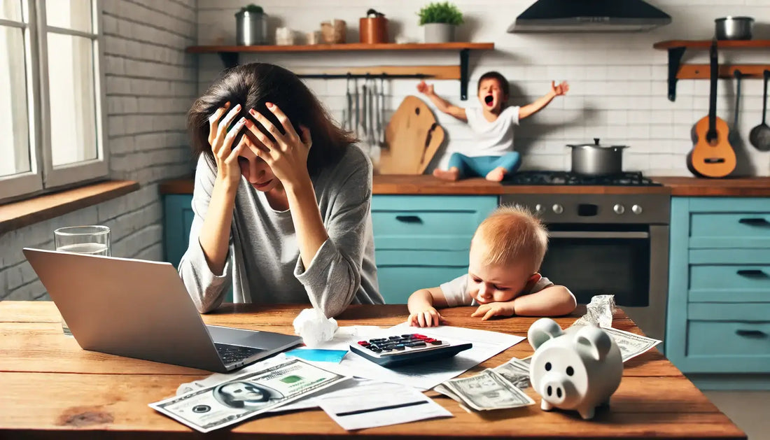 A stressed single mother sitting at a kitchen table with her head in her hands, surrounded by unpaid bills, a laptop, and a crying baby in the background, illustrating the challenges of single parent burnout.