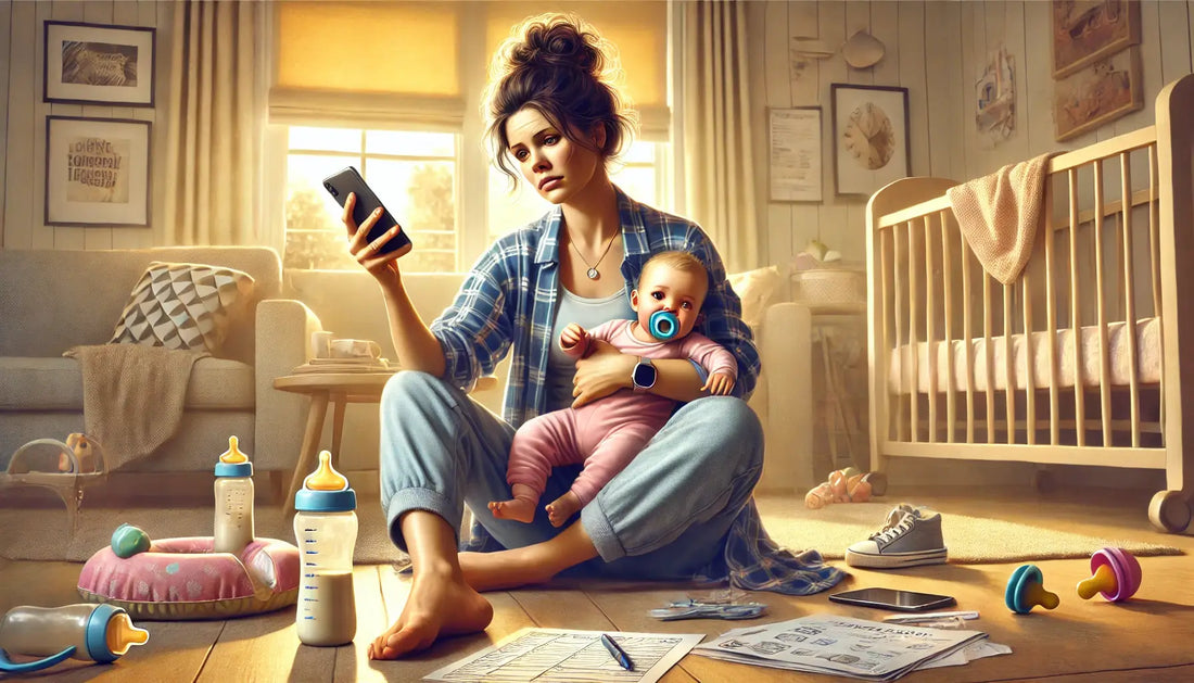 Tired mom struggling with parental burnout, juggling a baby bottle, phone, and to-do list in a messy home. Realistic image of overwhelmed motherhood, mom exhaustion, and daily parenting challenges